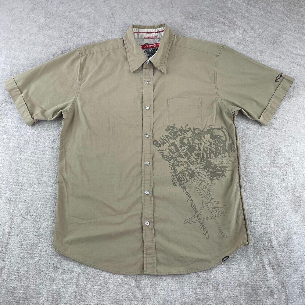 Vintage Billabong Shirt Men Medium Khaki Short Sleeve Logo Print Beach Y2K